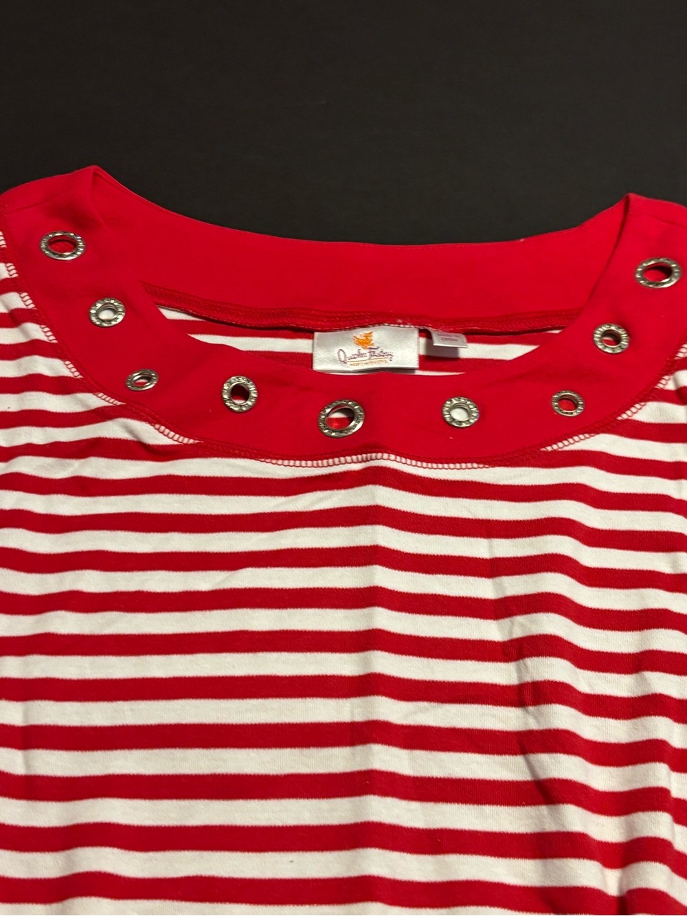 Quacker Factory 3X Red White Striped Top Rhinestone Grommets Elbow Sleeve NWOT